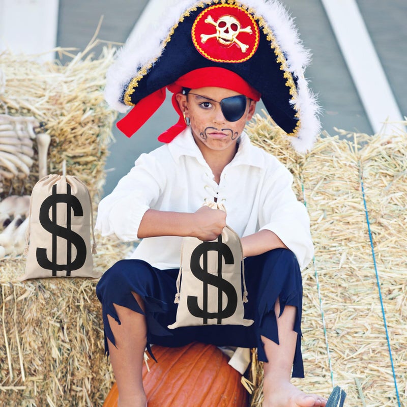Apipi 4Pcs 6.3 x 9 Inches Canvas Money Bags - Halloween Prop Money Bag with Dollar Sign  Money Sacks for Bank Robber Costume Pirate Cosplay Theme Party - Image 3